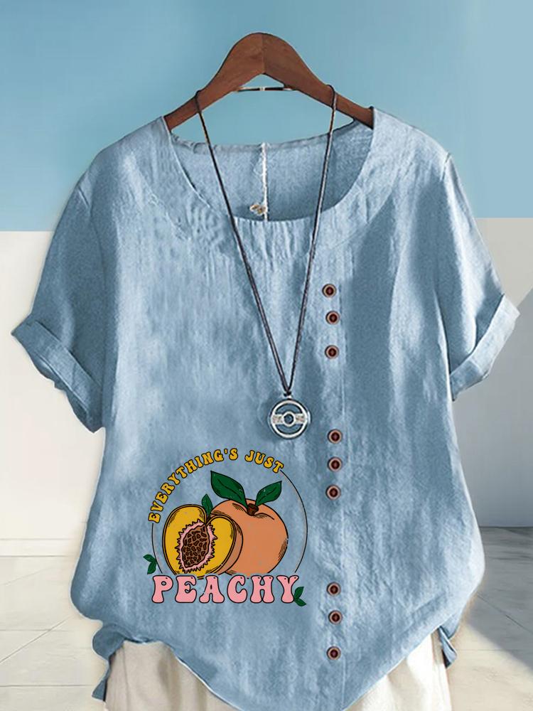 Women's Fashion Peach Letters Print Shot Sleeve T-shirt Loose Cotton Shirt Casual Loose Summer Blouse Tops Plus Size