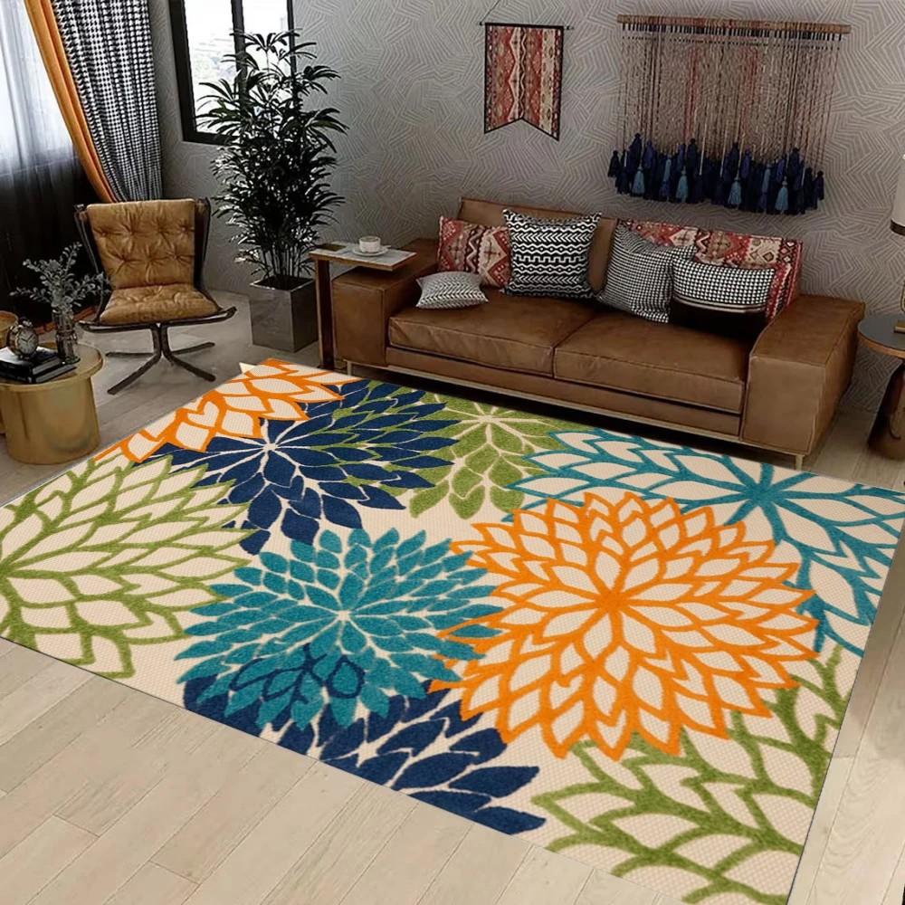 Non-slip Washable Outdoor Rug Tropical Botanical Waterproof for Patio Deck Backyard Decor