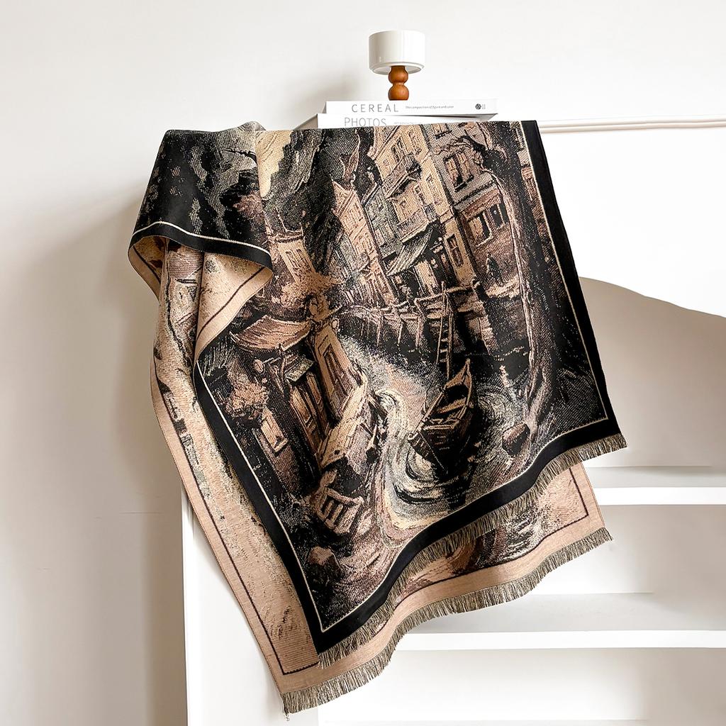 Design Architecture Print Scarves Women Winter Thicken Scarf Imitation Cashmere Shawl Warm Coldproof Windproof Blanket