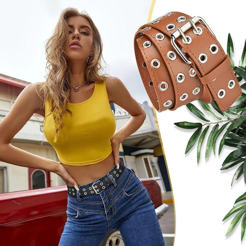 Punk Double Row Hole Belt Wide Side Hip-hop Waist Belt PU Leather Star Waistbands  Female/Girls