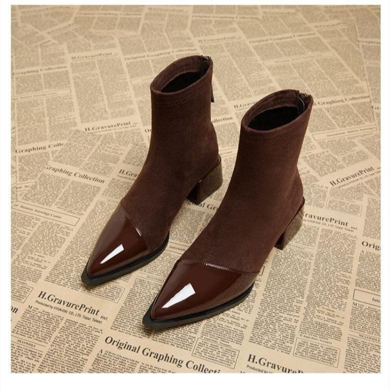 Fashion Ankle Boots Women Chunky Mid Heels Suede Shoes Woman Pointed Toe Trend Winter New Style Goth Walking Snow Boots Zapatos De Mujer