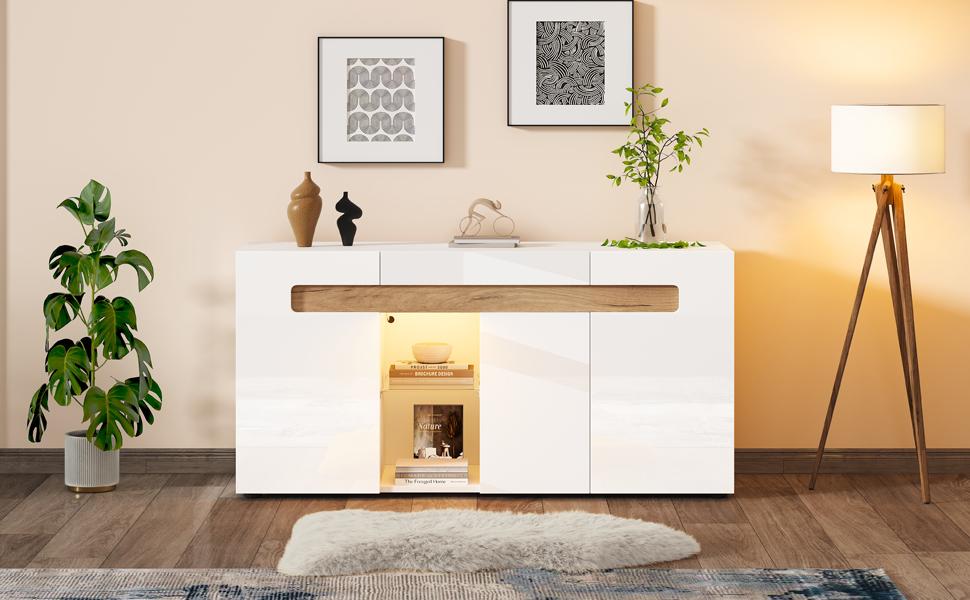 Modernes 3-türiges Sideboard, LED-Lichtsteuerung, App-Steuerung, 140x40x70 cm Hochglanz Wohnzimmermöbel, Weiß mit Glasboden, Aufbewahrungsschrank