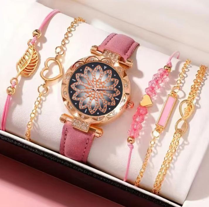 New Ladies Diamond Dial Belt Quartz Watch Beaded Bracelet Set 6Pcsset Chronograph Watch