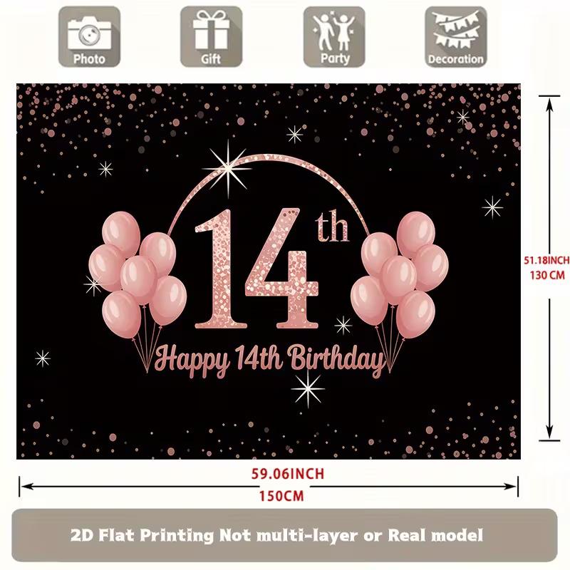 Sfondo 2D per Festa di 14° Compleanno, Sfondo Fotografico con Palloncini Nero Oro Rosa