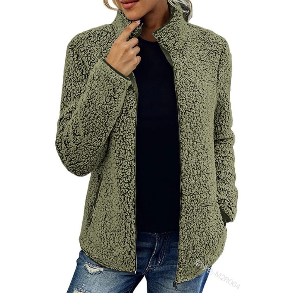 Stand Collar Solid Color Sweatshirt Women Casual Fashion Long Sleeve Zip Up Bubble Fleece Jacket