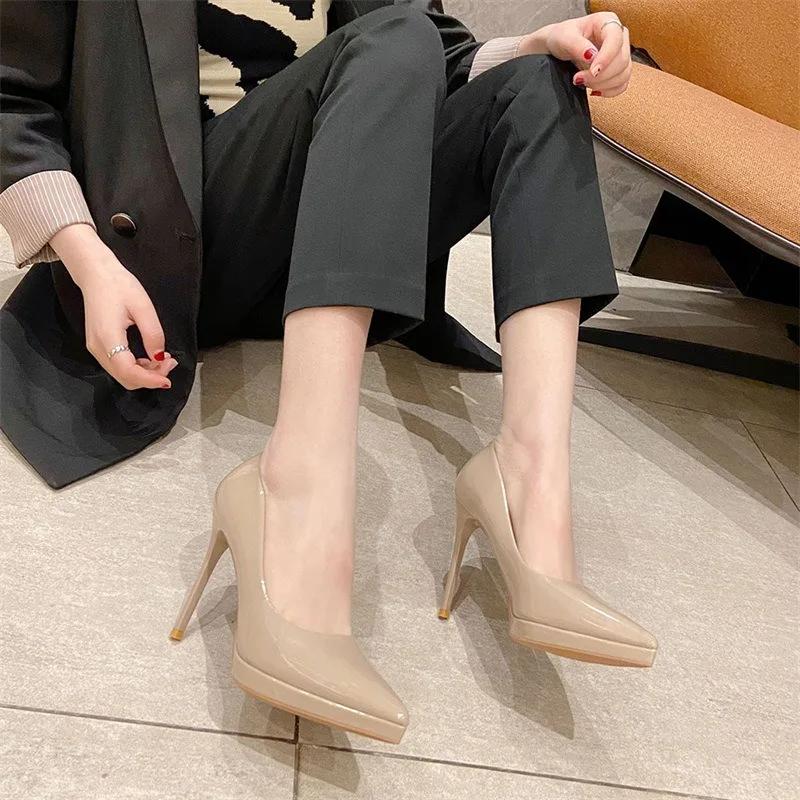 2026 Women's Sexy High Heels Pumps Patent Leather Platform High Heels Shoes Club Party Pointed Toe Stiletto Female Office Shoes