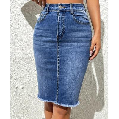 Faldas vaqueras de cintura alta para mujer, pantalones vaqueros elásticos hasta la rodilla, falda ceñida informal