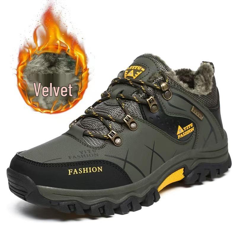 Men's Waterproof Winter Hiking Boots with Fleece Lining, Non-Slip, Wear-Resistant, Durable Outdoor Shoes for Construction and Labor Protection.