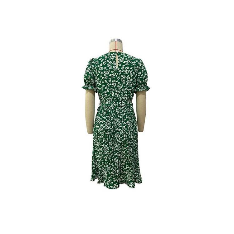 Women Summer Green Floral Print Pleated Dress Short Sleeve O Neck Lace Up