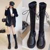 Knight Boots Long Boots Women's 22 Autumn and Winter New Versatile Elastic Thin Boots Lace-up High Boots Flat Bottom But Knee Boots