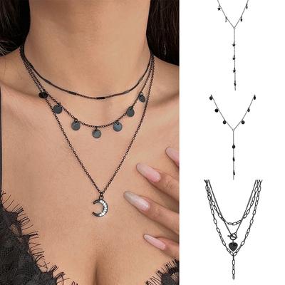 Jewelry, Simple Open Peach Heart Chain Necklace, Sweet and Cool Dark Slightly Inlaid Crescent Moon Tassel Necklace for Women