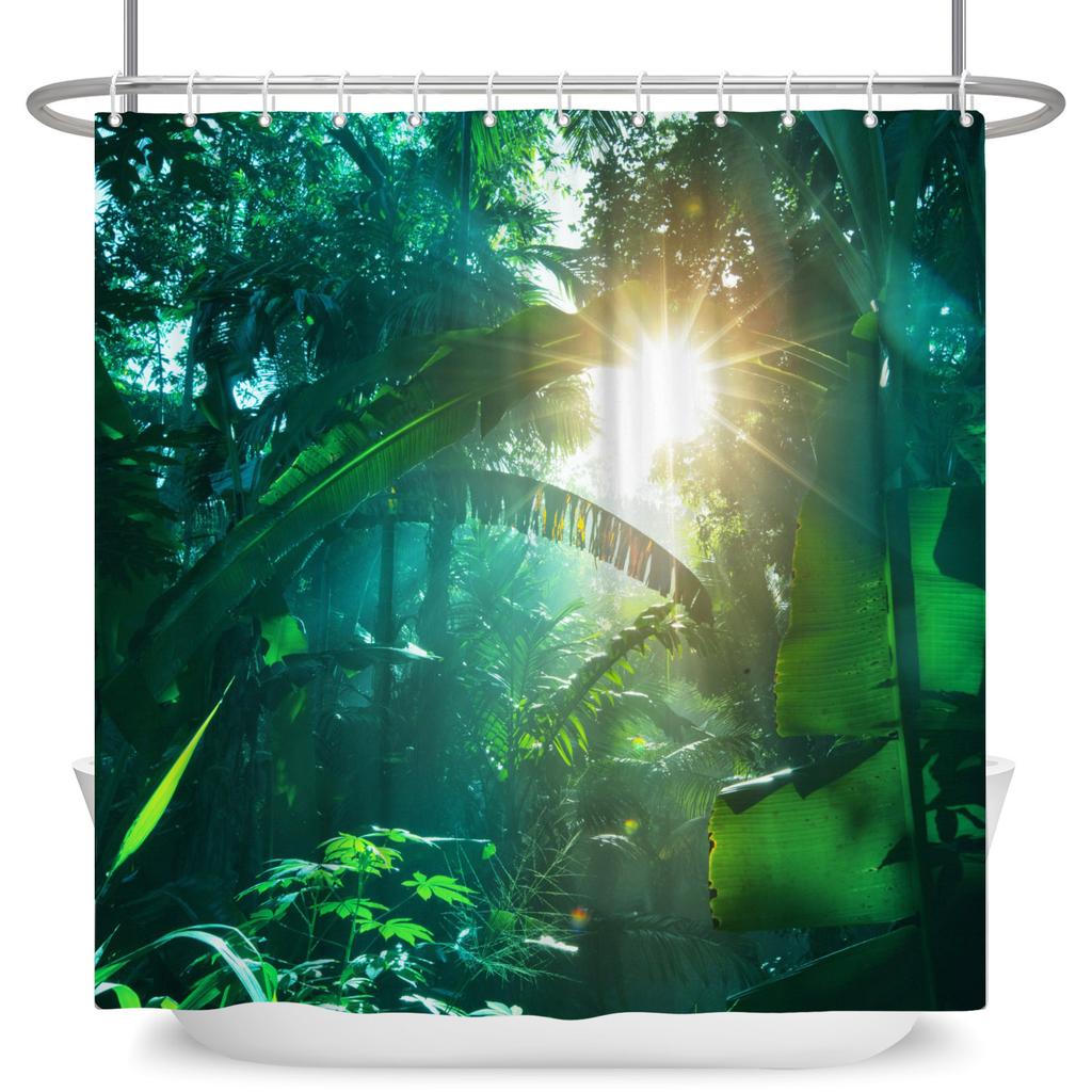 Garden Path Shower Curtain with 12 Hooks Realistic Forest Landscape Butterflies Waterproof Polyester Bathtub Bathroom Curtain
