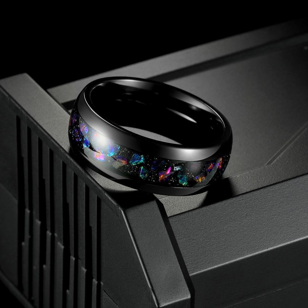 Fashion 8mm Men Stainless Steel Koa Wood Rings Inlay Galaxy Colorful Opal Rings For Men Wedding Engagement Band Jewelry Gift