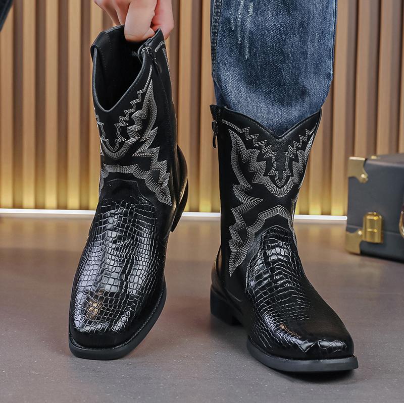 Fashion Men's Luxe British Shoes Cowboy Botas Brogue Shoes Men Crocodile Pattern Boots Retro Side Zipper Motorcycle Boots Chelsea Boots