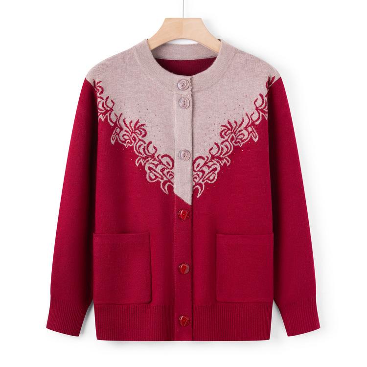 Middle-aged and Elderly Sweaters, Women's Spring and Autumn Mothers, Round-necked Sweaters, Old Ladies' Casual Tops and Grandma's Cardigan Coats.