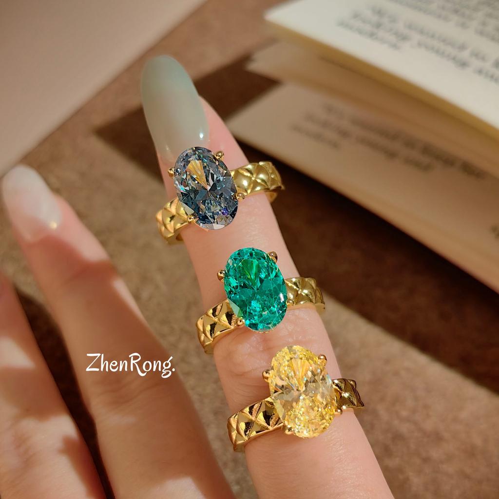 2026 Goose Yellow Pigeon Egg Rhombus Ring Retro Fashion Four Claws Inlaid Paraiba Tanzanian Blue Color Treasure Girl