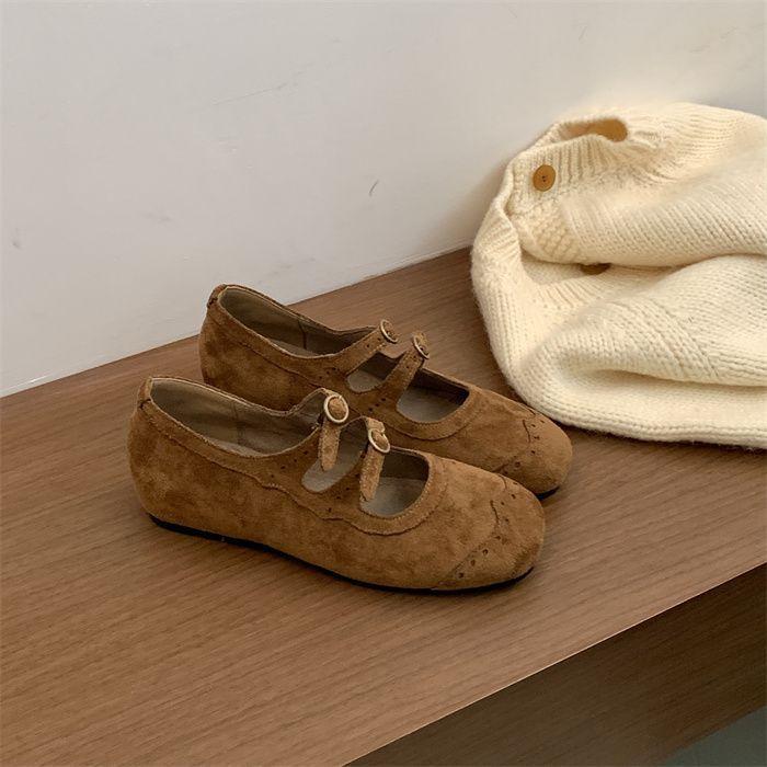 2025 New Korean Version Retro Suede Square Head Double Buckle with Flat Sole Single Shoes, Evening Style Versatile Height Increase Mary Jane Shoes 