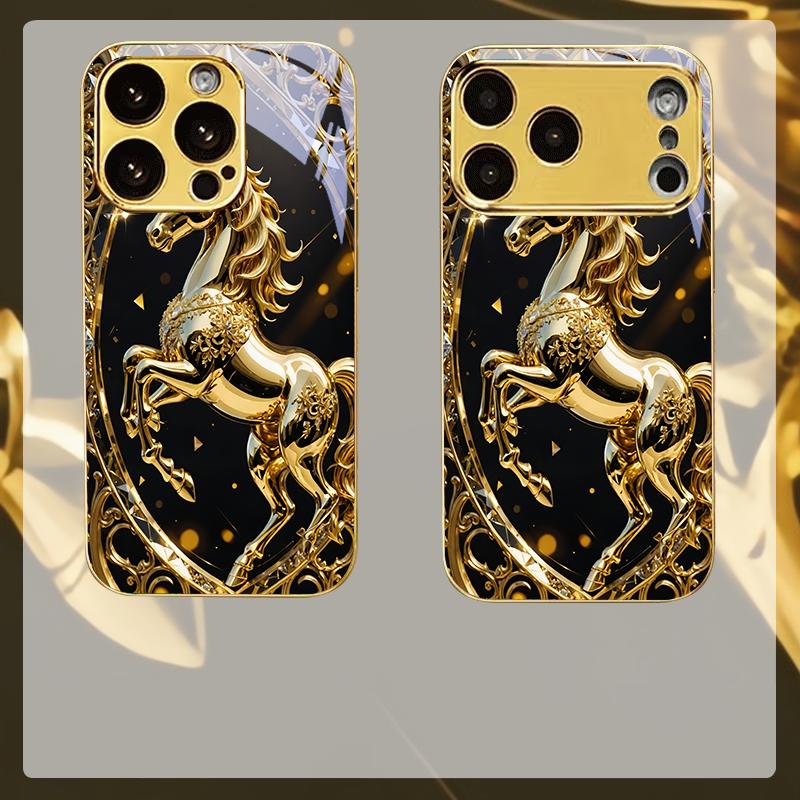 Unicorn Ornate Gold Electroplated Golden Phone Case For iPhone 14 17 16 15 13 12 11 Pro Max Plus 16E 17Air XR 7 8 Xs Glass Cover