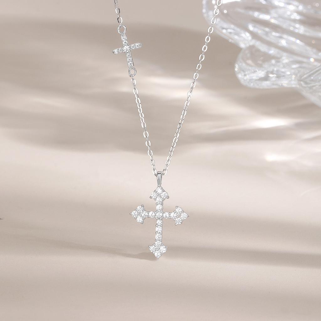925 Sterling Silver Gold Plated Zircon Double Cross Pendant Engagement Wedding Fashion Necklace Cross Chain Women