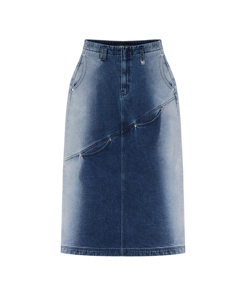 Teulimingbeodeu Curved Pocket Cut Denim Skirt [ Blue ]