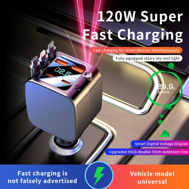 120W Car Charger Adapter Fast Charger USB Type C Cable with 70cm Retractable Cords Fit for iPhone 16/15/14/13/12 Samsung Xiao Mi