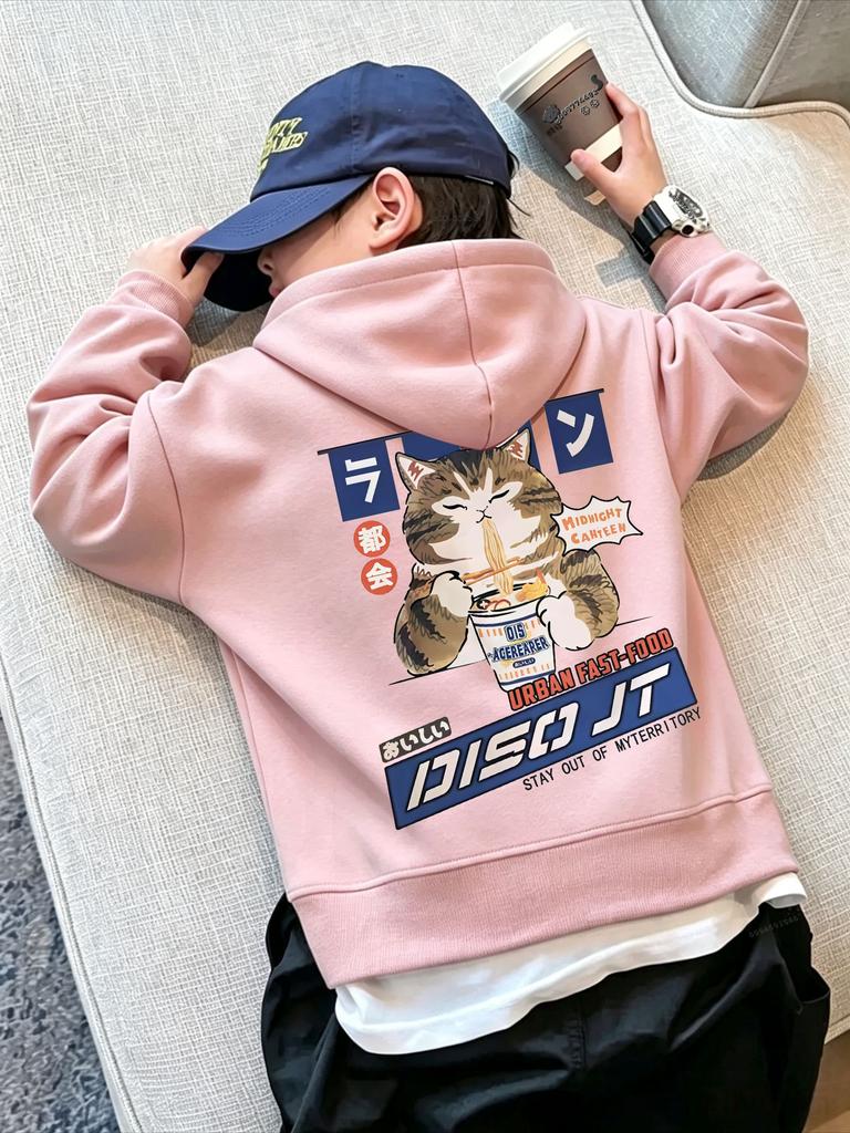 Autumn Winter Cartoon Cat Ramen Back Print Pullover Boys Girls Long Sleeve Hooded Sweatshirt Streetwear Children Warm Top