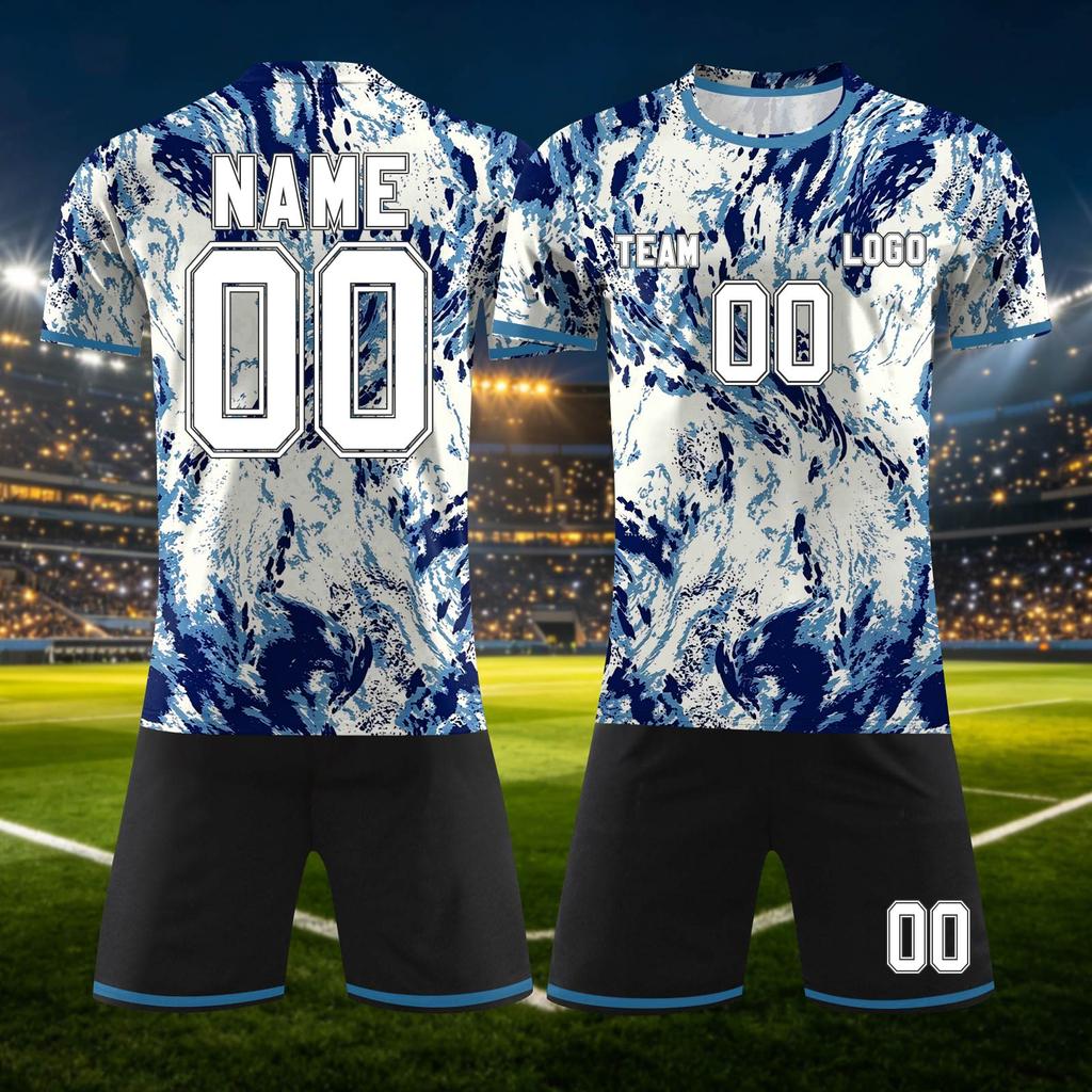 Customizable Two Piece Sports Jersey Set with Short Sleeve Top and Shorts for Team DIY Personalization Soccer Basketball Uniform