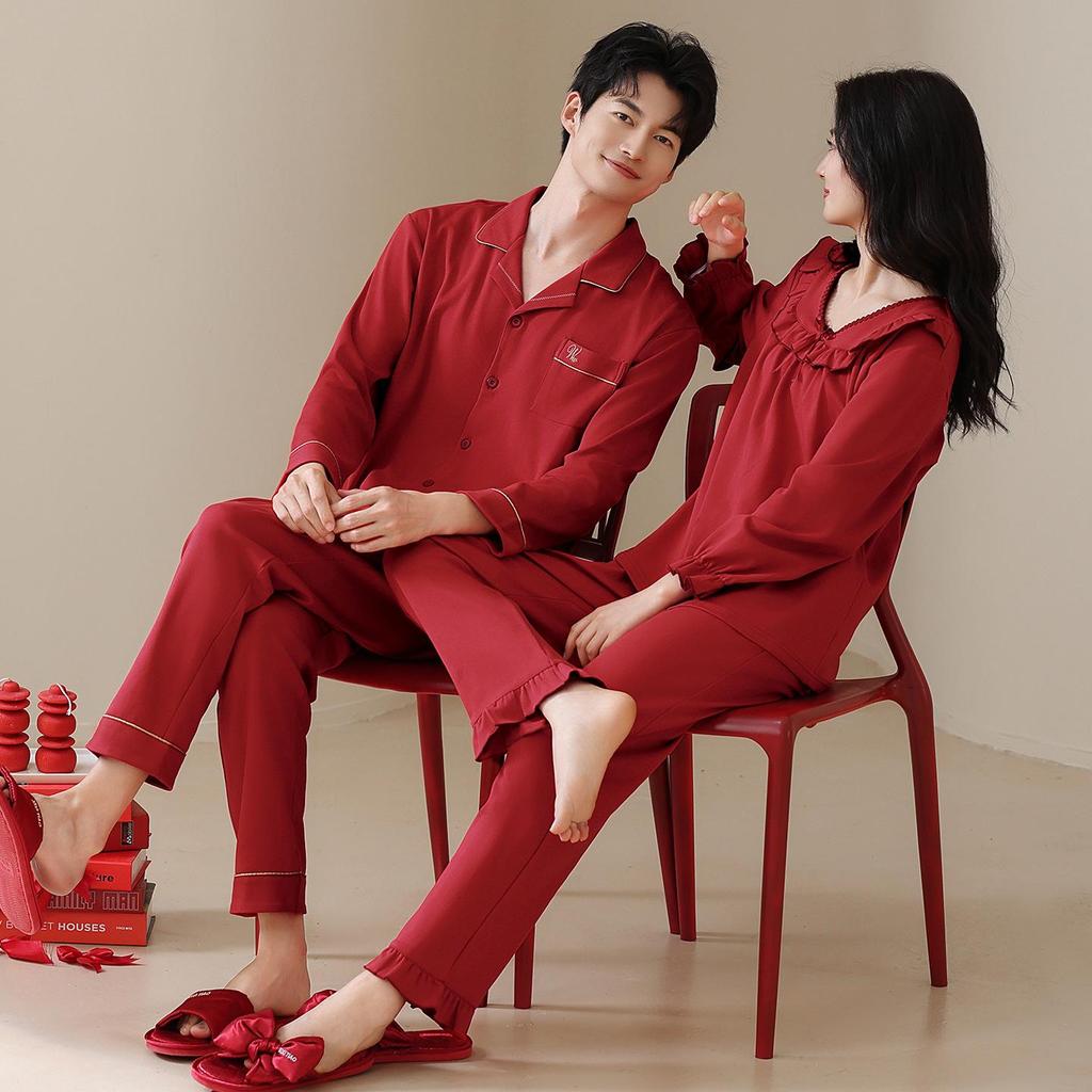 Couple's Wine Red Cotton Pajamas Set - Wedding & Festive Home Wear for Spring & Autumn