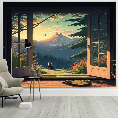 Window Cat Tapestry Landscape Background Hanging Cloth Cure Dream Wall Cloth Bedroom Living Room Bedside Decorative for Girls