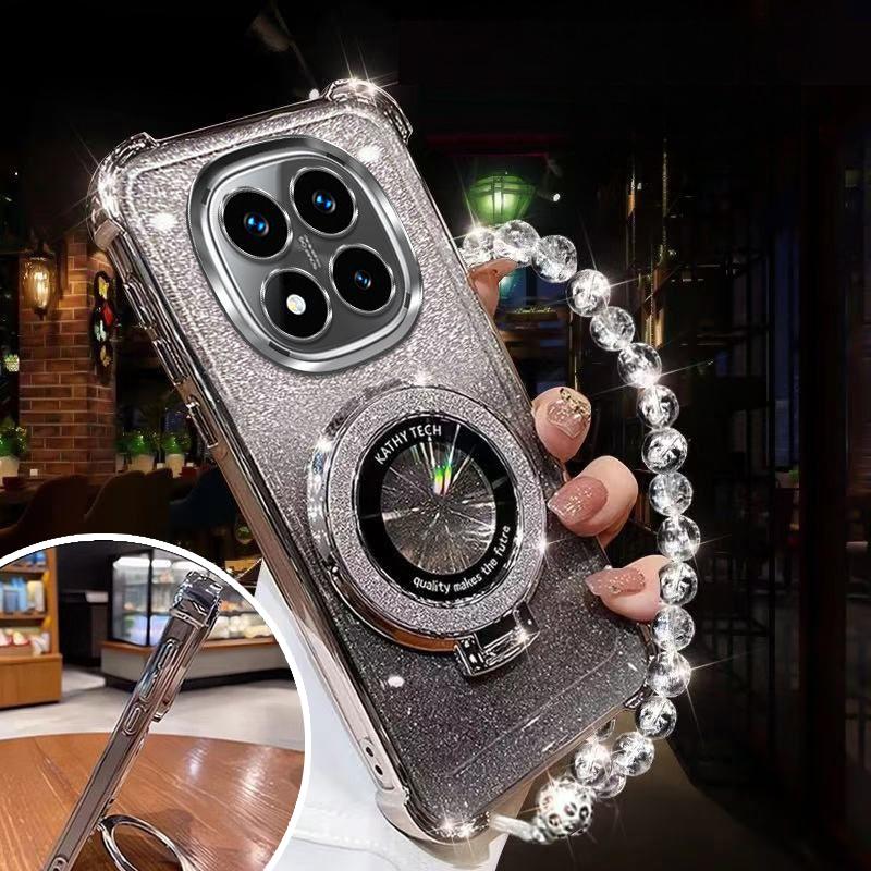 Glitter Magnetic Holder Bracket Case For Xiaomi Redmi Note 14 15 Pro Plus 15 15C 14C 14S 4G 5G Crystal Bracelet Silicone Cover