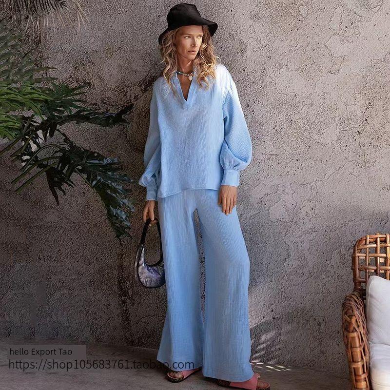New Arrival Loose Bishop Sleeves Top Pants Suit Lantern Sleeve Top Long Pants Set