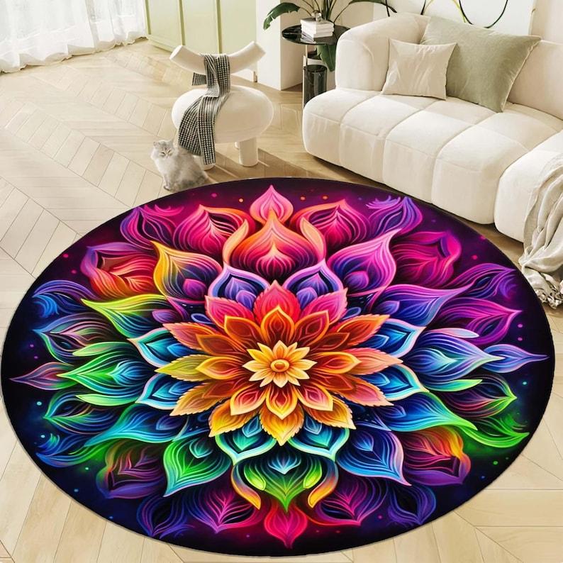 Rainbow Mandala Round Rug, Flower of Life Sacred Geometry Design, Colorful Spiritual Carpet for Meditation Yoga Decor