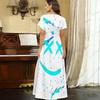 Women Plus Size V Neck Short Sleeve Printed Long Straight Dress White Purple