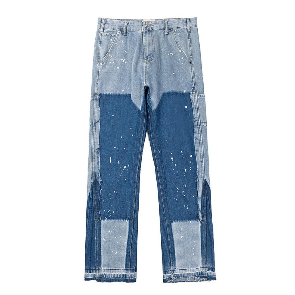 American Streetwear Splashed Ink Patchwork Baggy Jeans Men Women Clothing Tie Dye Trendy Pants Straight Slim Micro-flard Pants