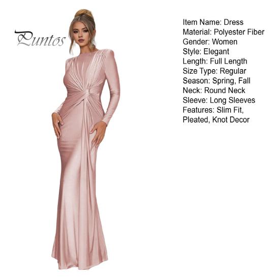 Dámské večerní šaty Skládaný uzel Dekor Slim Fit Kulatý výstřih vzadu Zip Zapínání po celé délce Svatební Party Prom Maxi šaty