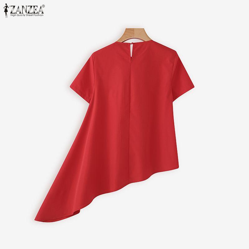 ZANZEA Women Casual Round Neck Short Sleeve Asymmetrical Hem Blouse