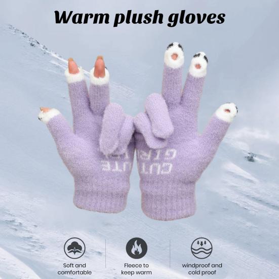 1 Pair Warm Plush Gloves Cutout Finger Tips Thick Plush Funny Cartoon Face Knitted Soft Elastic Anti-slip Warm Touch Screen Cycling Gloves