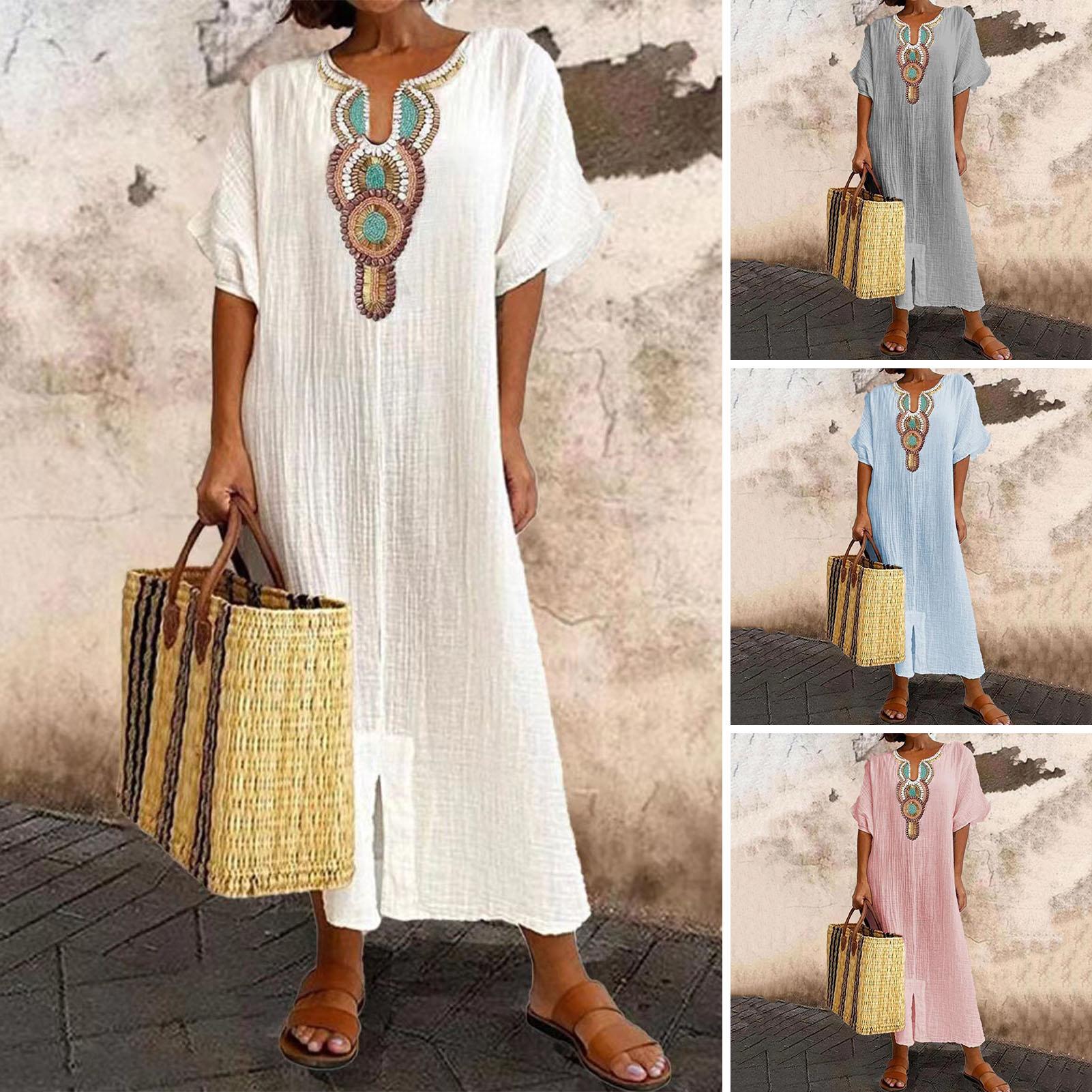 

Женское платье макси в богемном стиле с вышивкой и v-образным вырезом с короткими рукавами и вышивкой, повседневная одежда с разрезом до щиколотки, женское платье, женская одежда