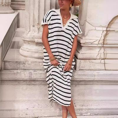 Sommerkleid Damen V-Ausschnitt Gestreift Tiefer Schlitz Revers Langer Pullover