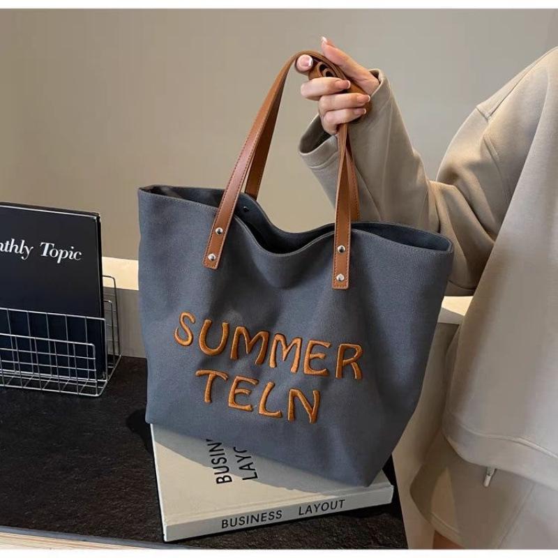 Women's Large Embroidered Canvas Tote Bag - Versatile Shoulder Bag for Commute or Class