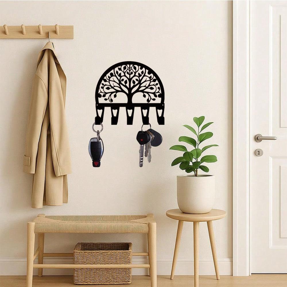 Wall Mounted Iron Key Holder with 5 Hooks, Hand Forged Rustic Artisan Metal Wall Decor, Gift for Nature Lover, Christmas Home Entryway Organizer