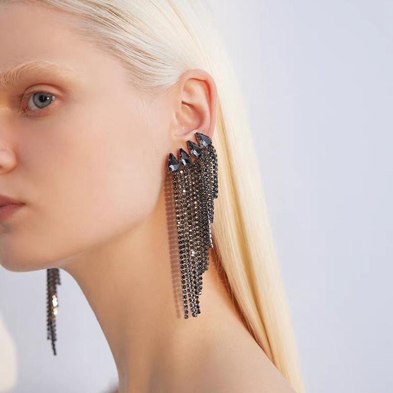 925 Silver Needle Multifaceted Chain Tassel Earrings with Diamonds for Women - European and American Statement Jewelry