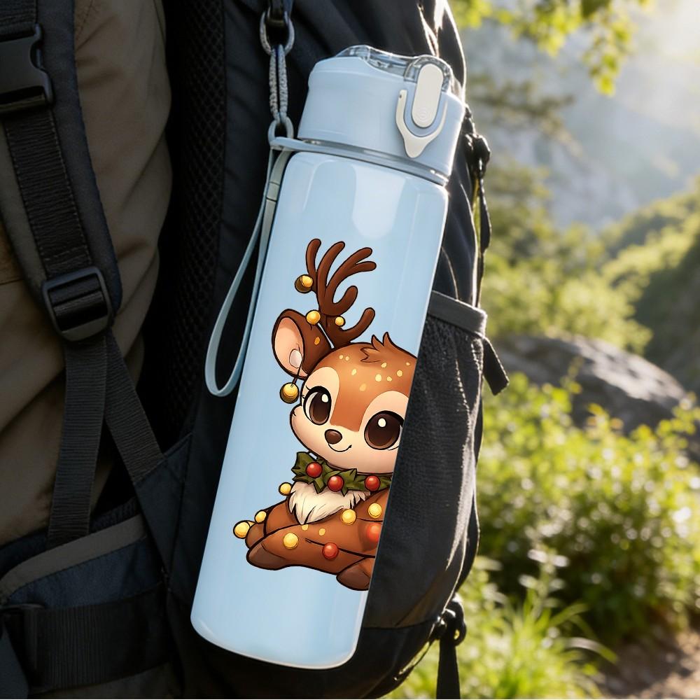 1PC Christmas Cute Deer 750ml Color Plastic Sports Water Bottle Leakproof Flip Straw Lid Suitable for Sports Office Home Use