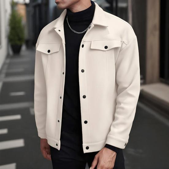 Men Jacket Woolen Lapel Design Long Sleeve Solid Color Coat with Flap Pockets Design