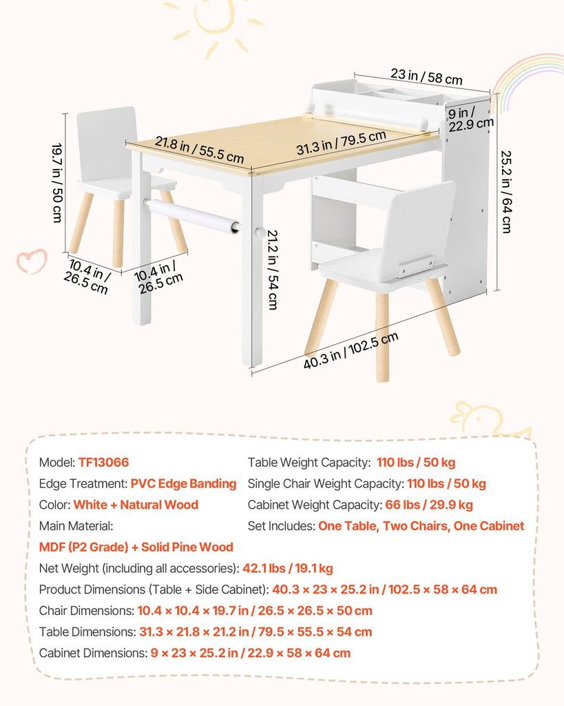 Kids Art Table and Chair Set, Toddler Craft Table with 3 Tiers Storage Cabinet, Wooden Kids Activity Play Desk with 2 Chairs, Art Craft Play Desk for