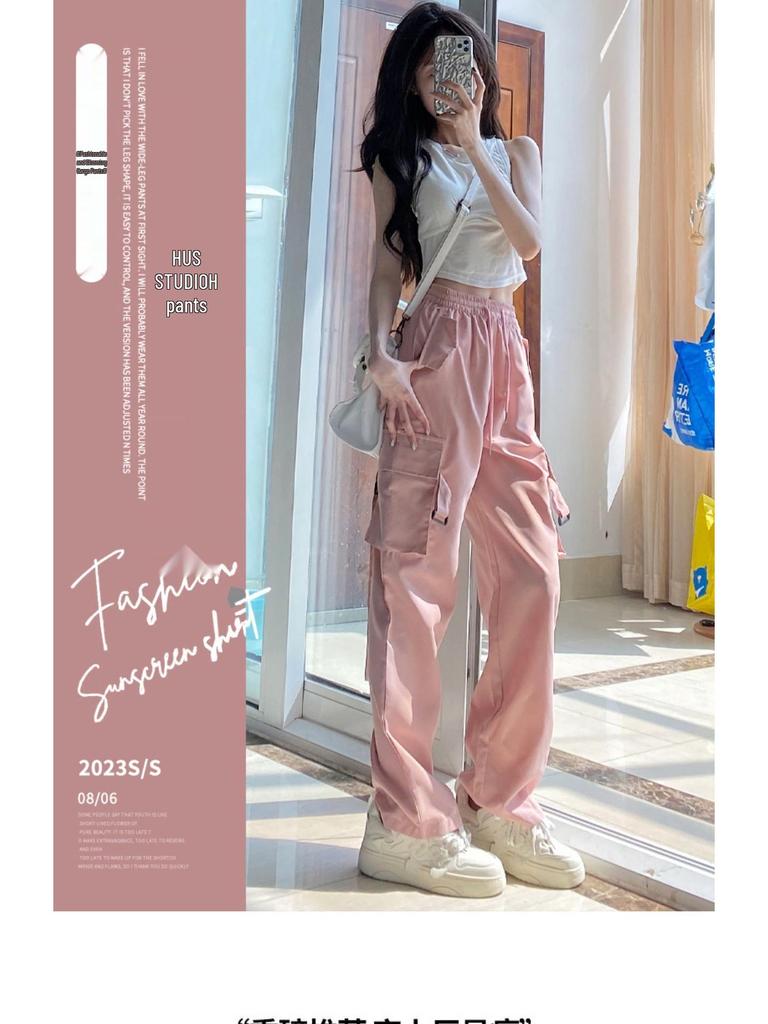 Unisex Military Green High-Waist Wide-Leg Cargo Pants - Lightweight, Summer Casual Fashion