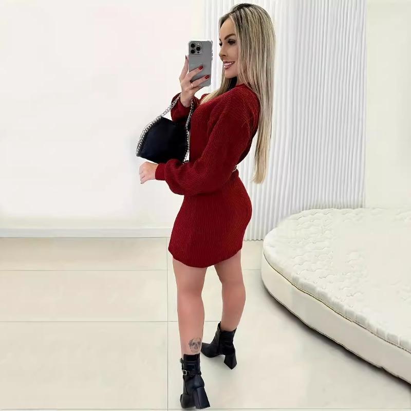 Autumn Women's Solid Color Long Sleeve Slit Dress