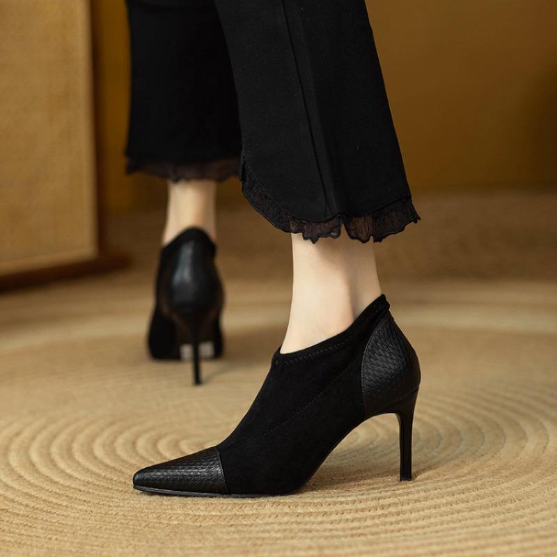 

Короткие сапоги на тонком каблуке Coffee Splicing для женщин, весна-осень, сексуальные сапоги на шпильке с острым носком, женские ботильоны 35 чёрный