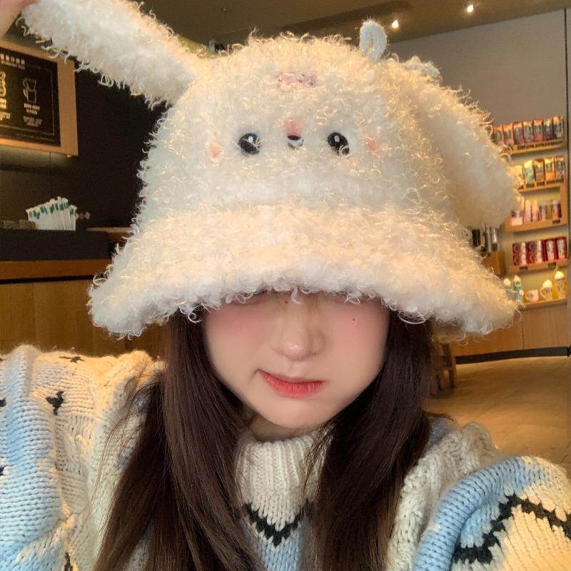 Sweet and Cute Rabbit Ear Plush Bucket Hat Women's Autumn and Winter Cold and Warm Versatile Face Small Ear Protector Basin Hat