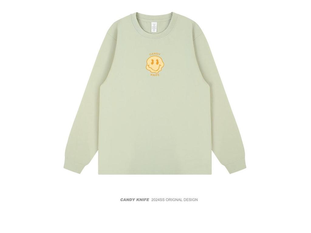 Trendy Retro Hong Kong Style Printed Couple Cuffed Sleeve Loose Long Sleeve T-shirt